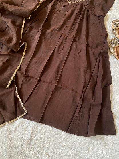 Embroidery Work Mul Chanderi ALine Kurti With Semi Palazzo And Dupatta. Silk Suit Sets For Women Online India. Shop the Latest Festive Summer Collection at Shivani Designer Kurti.