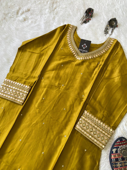 Heavy Gota Patti Work In Neck And Sleeve, Satin Silk Straight Cut Kurti For Women