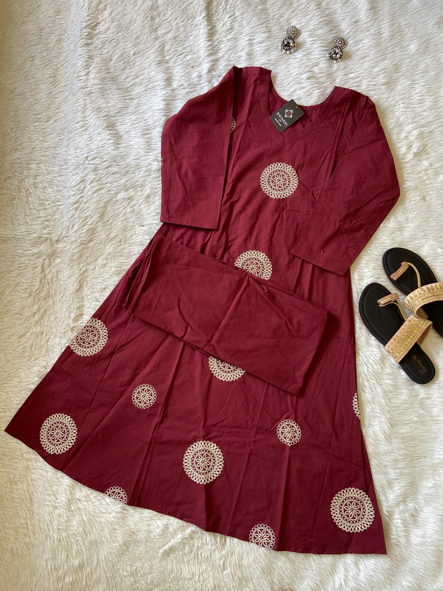 White Embroidery Work With Matching Palazzo. Cotton Aline Kurti Sets For Women