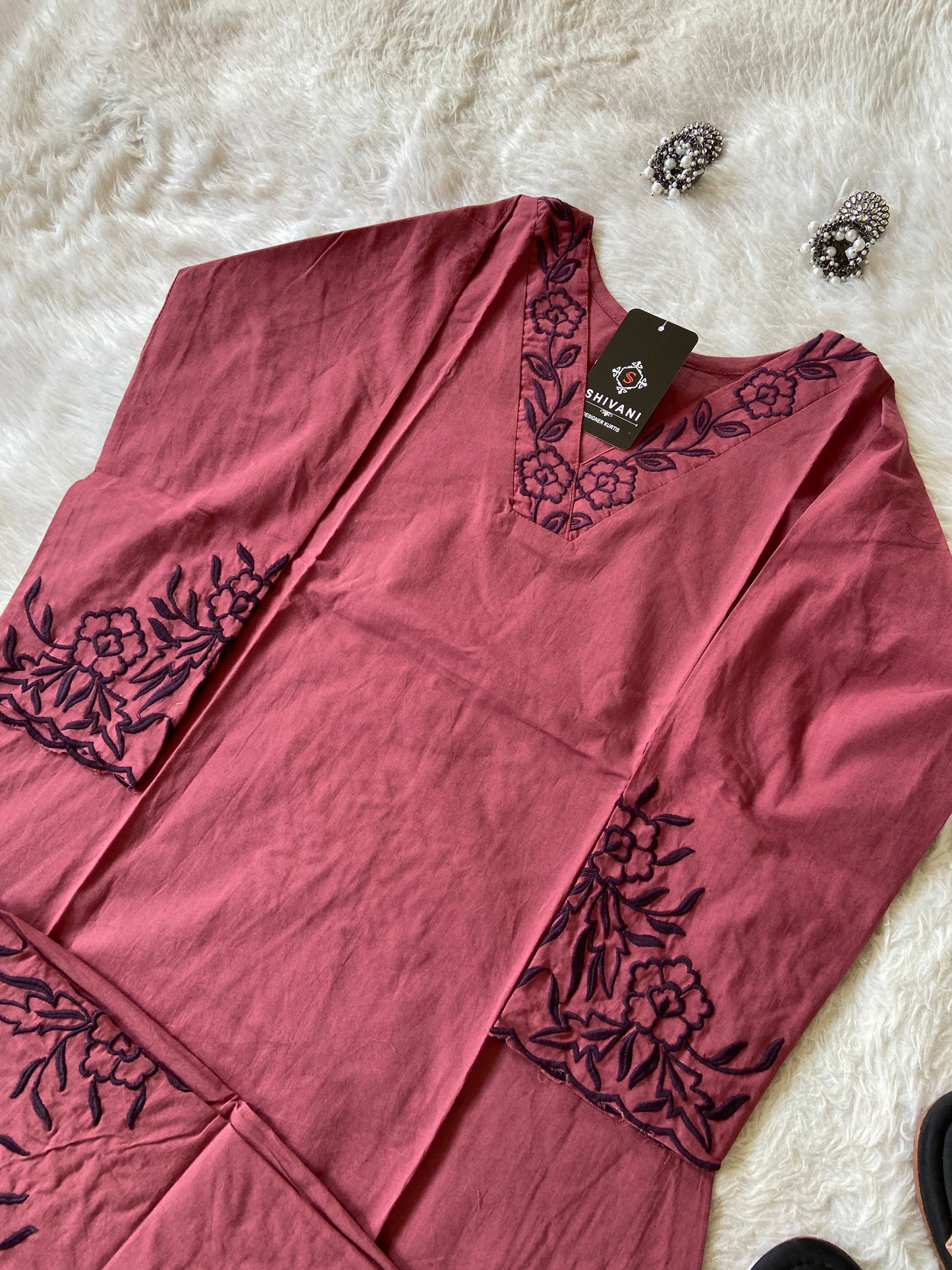 Aline Kurti With Embroidery Neck Work And Palazzo Work. Cotton Aline Kurti Sets For Women