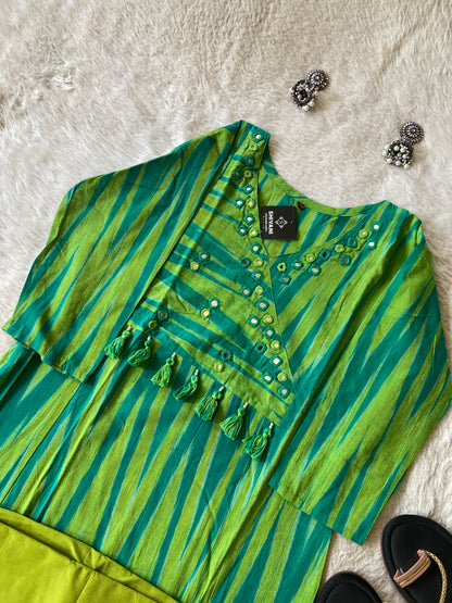 Ikkat Print Cotton Aline Kurti With Palazzo. Cotton Kurti Sets For Women Online India. Shop the Latest Festive Summer Collection at Shivani Designer Kurti.