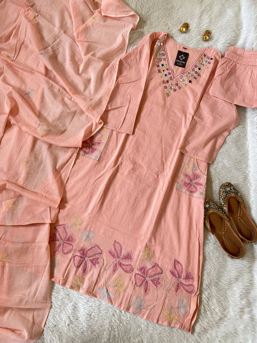 Mirror Work Cotton Straight Cut Kurti With Pant And Dupatta. Cotton Suit Sets For Women Online India. Shop the Latest Festive Summer Collection at Shivani Designer Kurti.