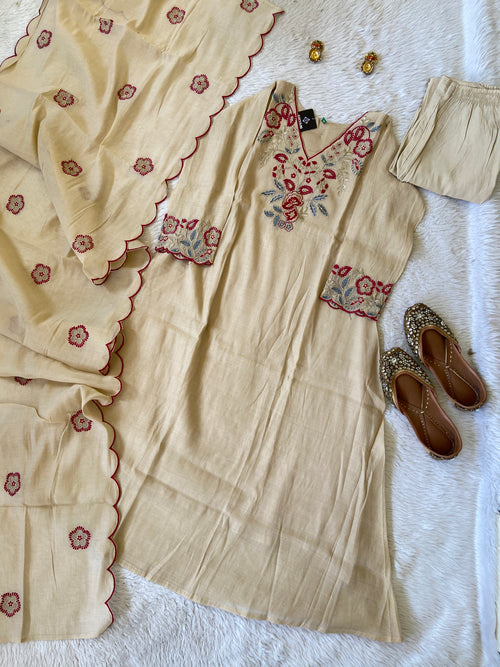 Flower Embroidery Work Coral Silk Aline Kurti With Palazzo And Dupatta. Silk Suit Sets For Women Online India. Shop the Latest Festive Summer Collection at Shivani Designer Kurti.