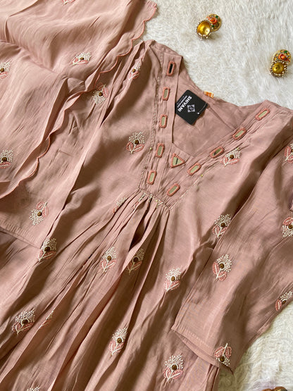 Mirror Work V-Neck With Flower Work Embroidery, Aline Kurti (Full Lining) With Pant And Dupatta. Silk Suit Sets For Women Online India. Shop the Latest Festive Summer Collection at Shivani Designer Kurti.