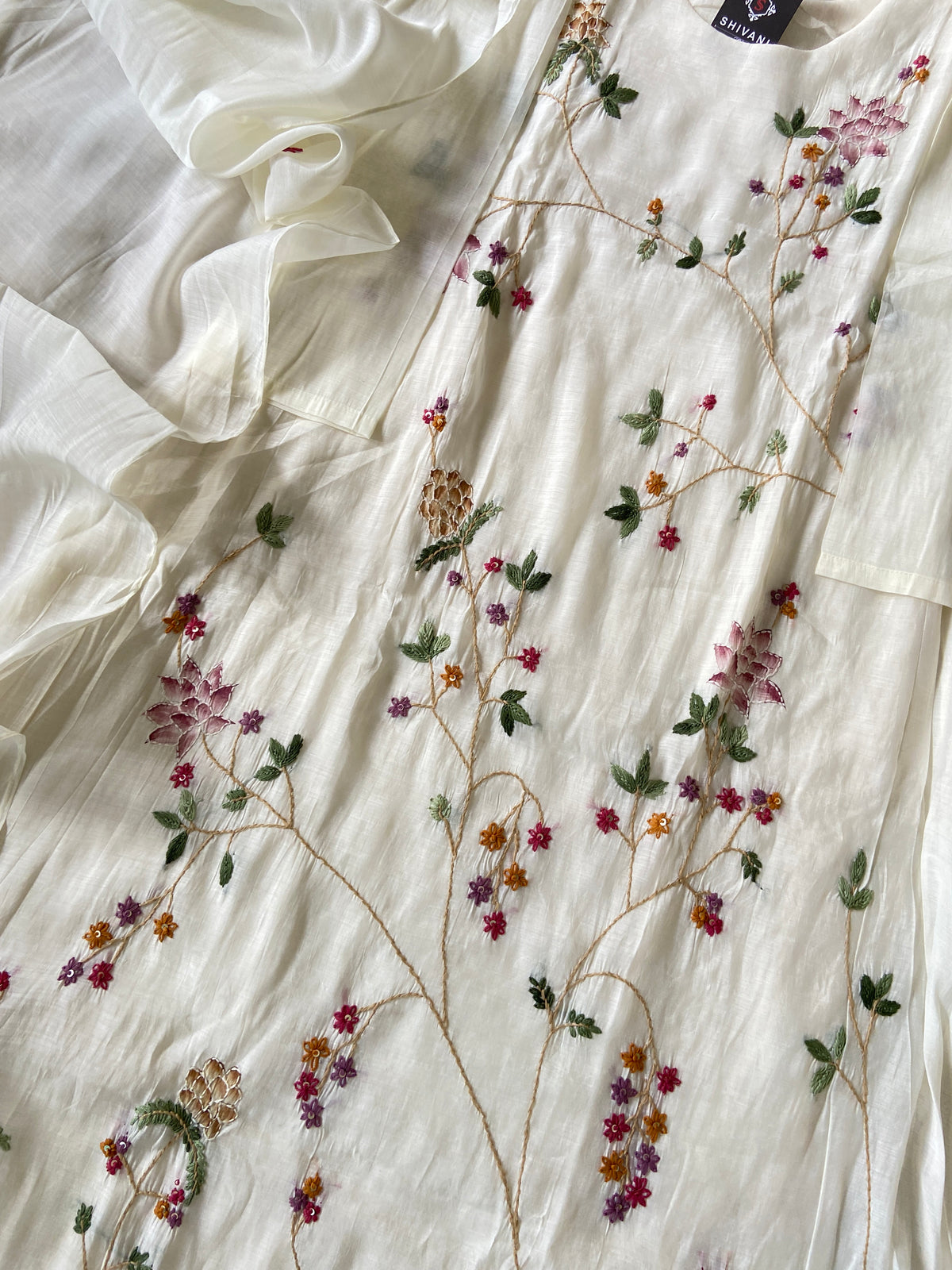 Hand Thread  Work Mul Chanderi Silk Aline Kurti (Lining Available) With Palazzo And Dupatta. Silk Suit Sets For Women Online India. Shop the Latest Festive Summer Collection at Shivani Designer Kurti.