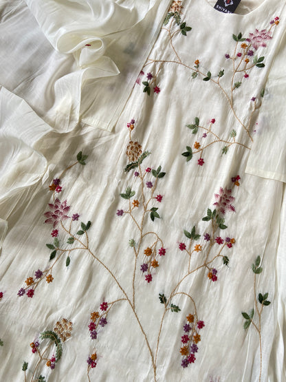 Hand Thread  Work Mul Chanderi Silk Aline Kurti (Lining Available) With Palazzo And Dupatta. Silk Suit Sets For Women Online India. Shop the Latest Festive Summer Collection at Shivani Designer Kurti.
