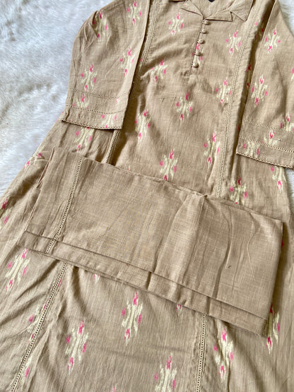 Ikkat Print, Cotton Aline Kurti With Palazzo. Cotton Kurti Sets For Women Online India. Shop the Latest Festive Summer Collection at Shivani Designer Kurti.