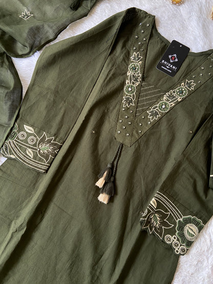 V-neck Style Embroidery Work Cotton Straight Kurtis With Palazzo And Dupatta.. Cotton Suit Sets For Women Online India. Shop the Latest Festive Summer Collection at Shivani Designer Kurti.