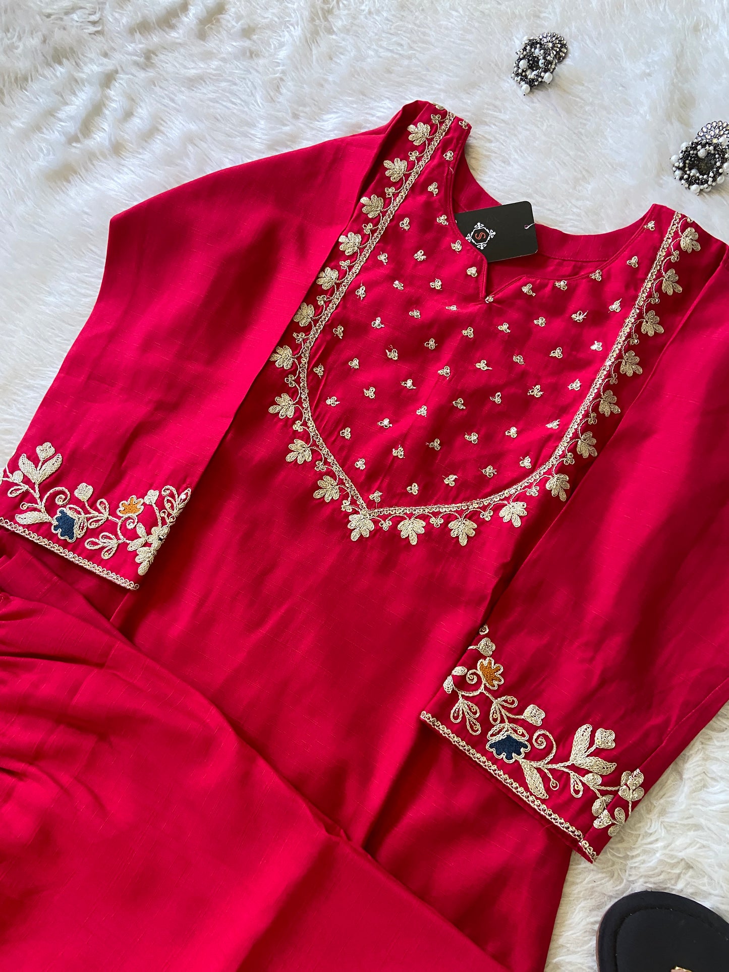 Sleeve Work And Neck Work Kurti With Matching Palazzo, Silk StraightCut Kurti Sets For Women