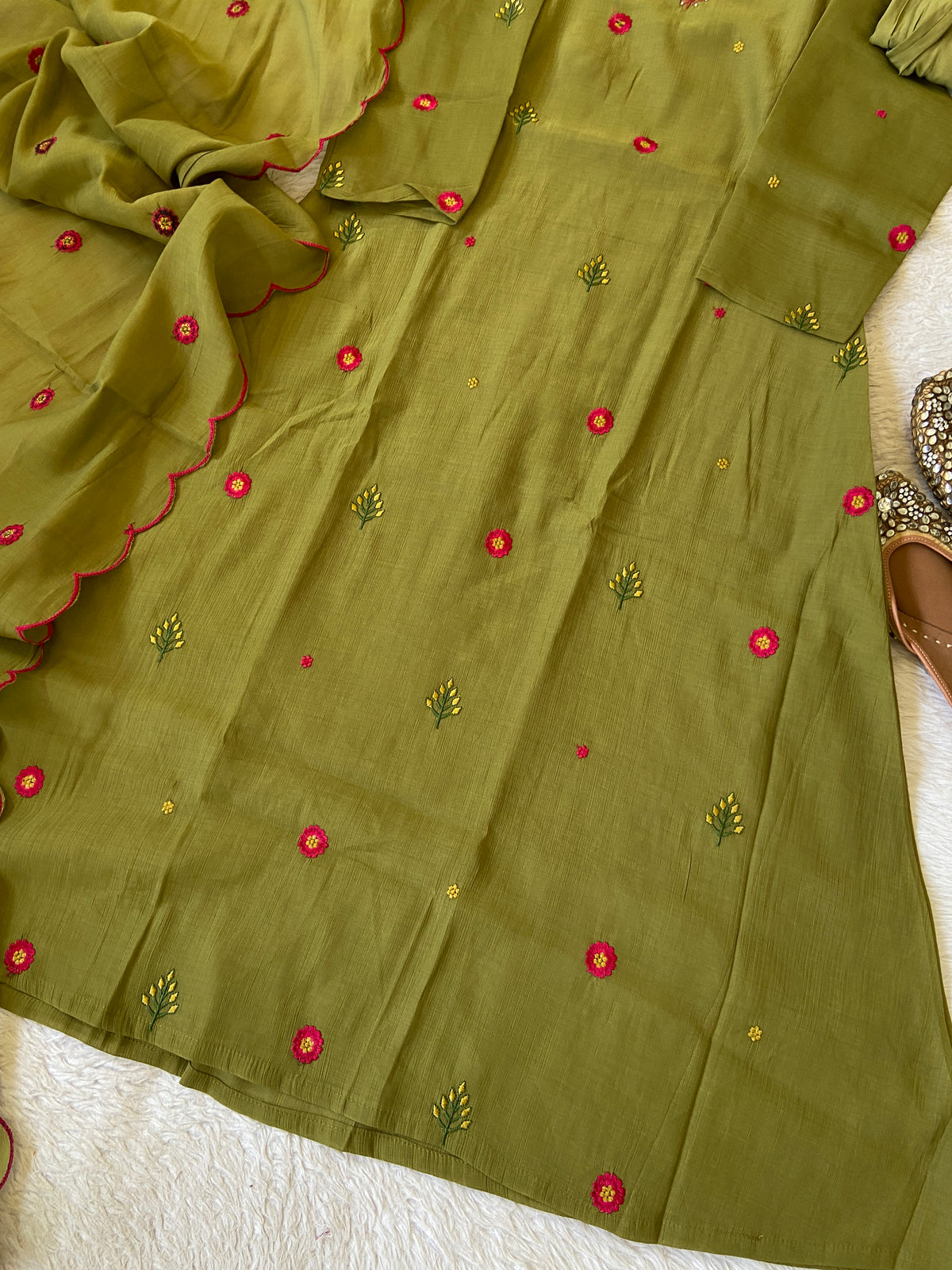 Flower Embroidery Work Coral Silk Aline Kurti With Palazzo And Dupatta. Silk Suit Sets For Women Online India. Shop the Latest Festive Summer Collection at Shivani Designer Kurti.