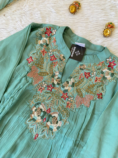 Premium Short Kurti Suit. Full Sleeve Chinnon Short Kurti With Full Flair Palazzo And Dupatta. Silk Suit Sets For Women Online India. Shop the Latest Festive Summer Collection at Shivani Designer Kurti.
