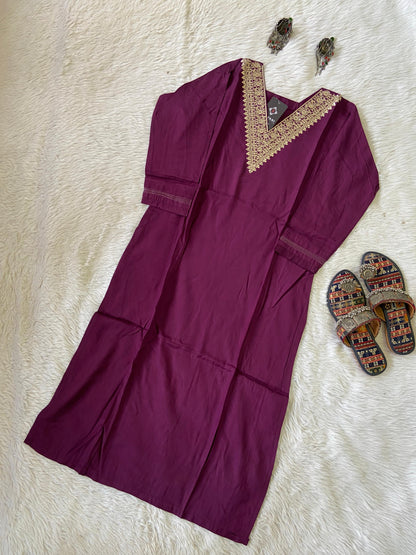 Golden Embroidery Work In VNeck, Silk StraightCut Kurti For Women