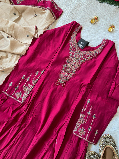 Embroidery Work With Full Sleeve Anarkali Kurti With Palazzo And Dupatta. Silk Suit Sets For Women Online India. Shop the Latest Festive Summer Collection at Shivani Designer Kurti.
