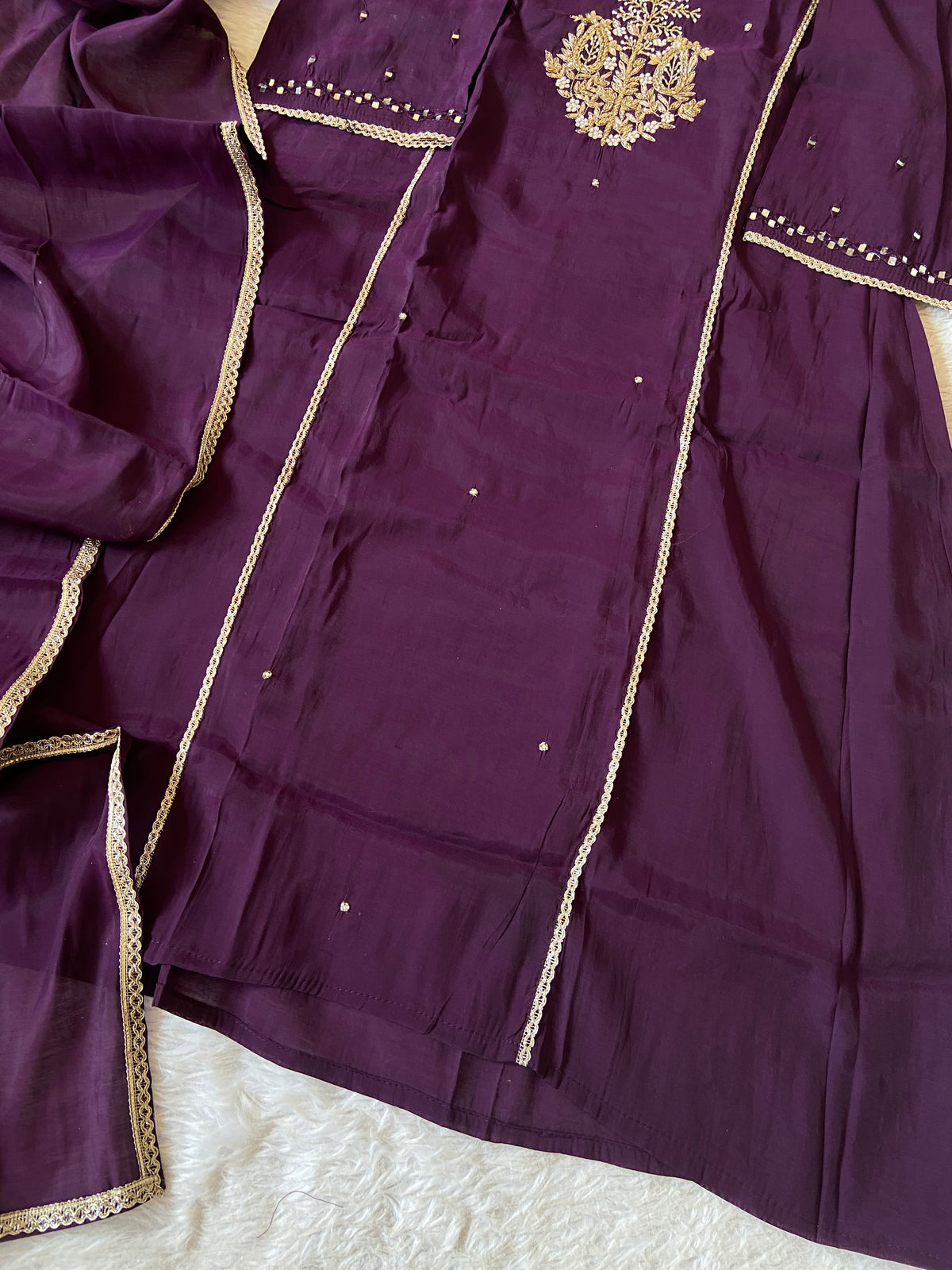 Mirror Work In Sleeve Mul Chanderi ALine Kurti With Semi Palazzo And Dupatta. Silk Suit Sets For Women Online India. Shop the Latest Festive Summer Collection at Shivani Designer Kurti.