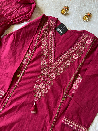 Embroidery Work Cotton Aline Kurti, Pant And Dupatta. Cotton Suit Sets For Women Online India. Shop the Latest Festive Summer Collection at Shivani Designer Kurti.