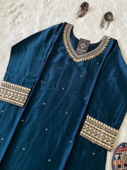 Heavy Gota Patti Work In Neck And Sleeve, Satin Silk Straight Cut Kurti For Women