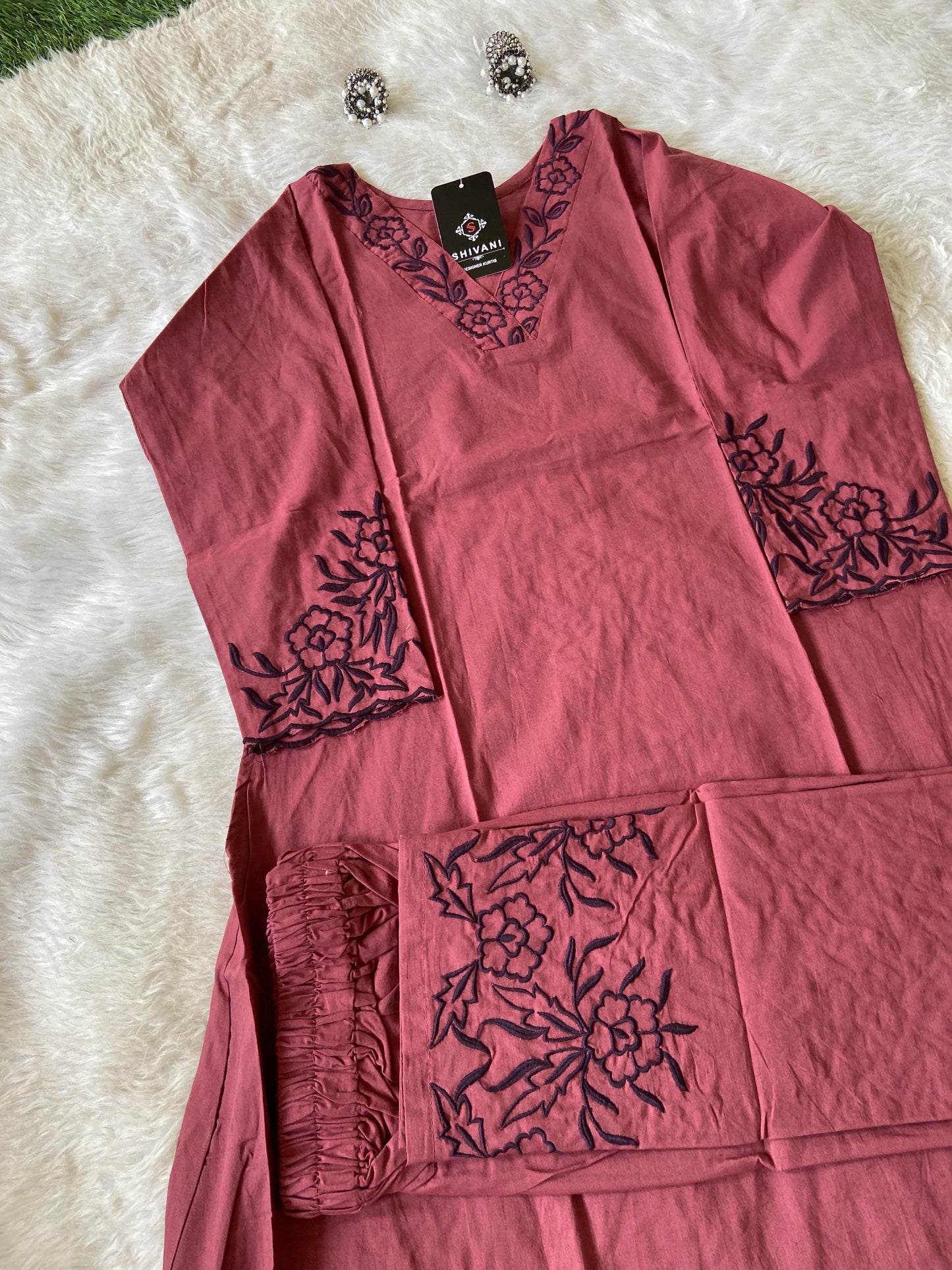 Aline Kurti With Embroidery Neck Work And Palazzo Work. Cotton Aline Kurti Sets For Women