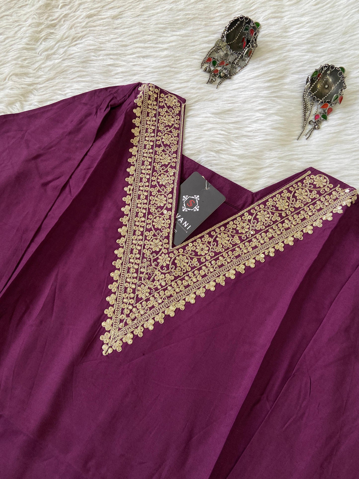 Golden Embroidery Work In VNeck, Silk StraightCut Kurti For Women