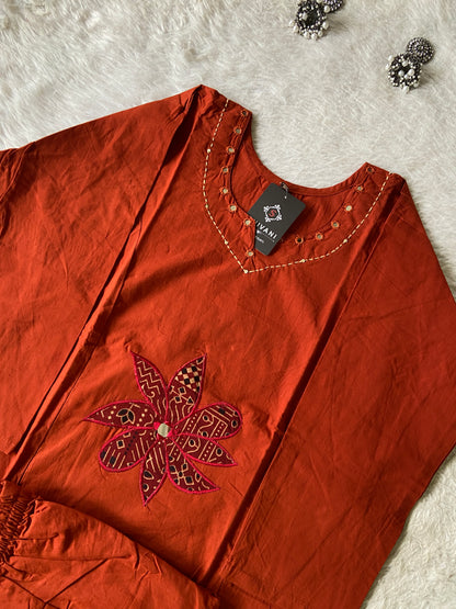 Real Mirror Work In Neck With Aplic Work Cotton Aline Kurti With Palazzo. Cotton Aline Kurti Sets For Women Online India. Shop the Latest Festive Summer Collection at Shivani Designer Kurti.