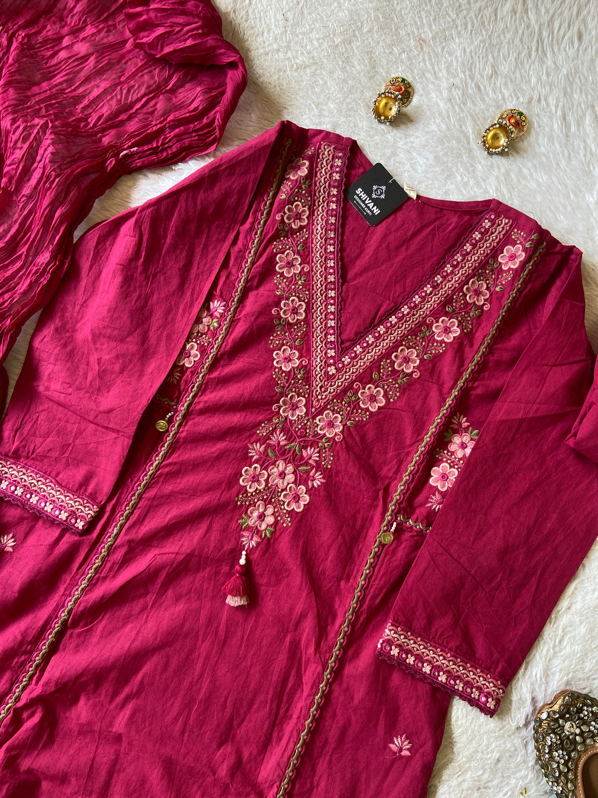 Embroidery Work Cotton Aline Kurti, Pant And Dupatta. Cotton Suit Sets For Women Online India. Shop the Latest Festive Summer Collection at Shivani Designer Kurti.