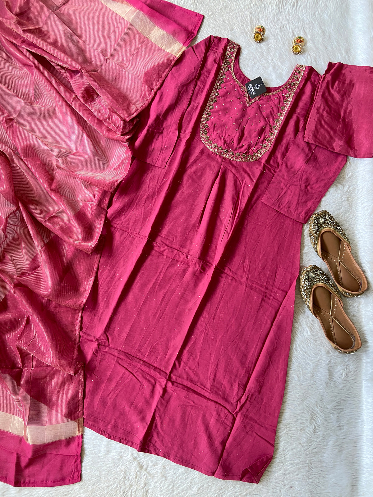 Hand Work Neck, Jamdani Silk Aline Kurti With Palazzo And Dupatta. Silk Suit Sets For Women Online India. Shop the Latest Festive Summer Collection at Shivani Designer Kurti.