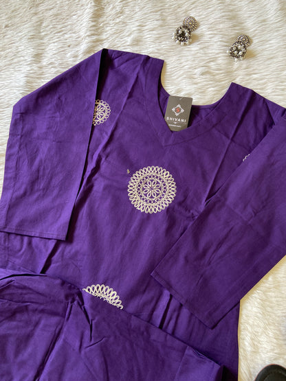 White Embroidery Work With Matching Palazzo. Cotton Aline Kurti Sets For Women