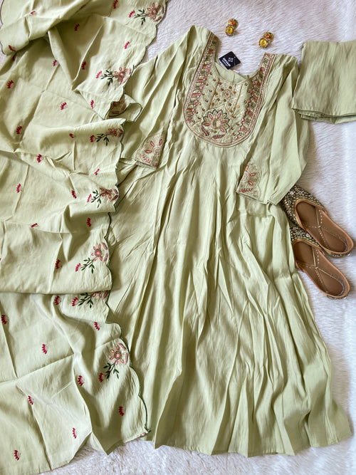 Embroidery Work In Neck And Sleeve, Anarkali Kurti With Palazzo And Dupatta. Silk Suit Sets For Women Online India. Shop the Latest Festive Summer Collection at Shivani Designer Kurti.