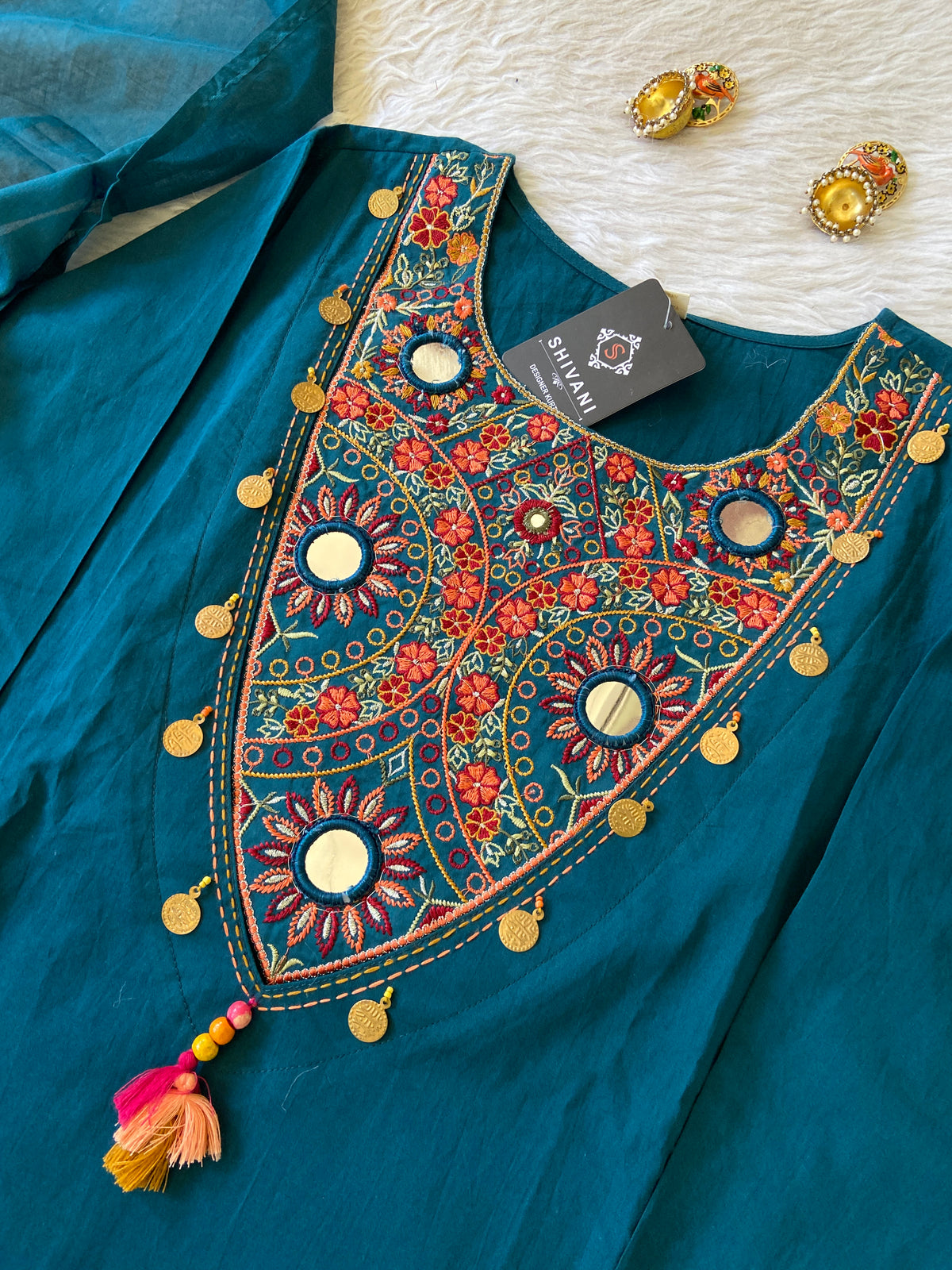 Embroidery Work Cotton Aline Kurti, Pant And Dupatta. Cotton Suit Sets For Women Online India. Shop the Latest Festive Summer Collection at Shivani Designer Kurti.