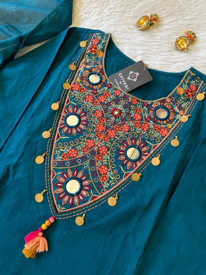 Embroidery Work Cotton Aline Kurti, Pant And Dupatta. Cotton Suit Sets For Women Online India. Shop the Latest Festive Summer Collection at Shivani Designer Kurti.