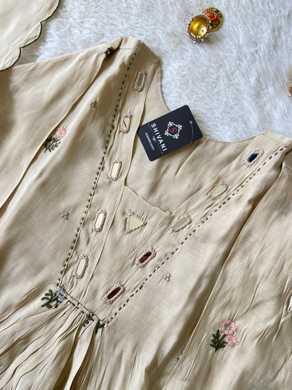 Mirror Work V-Neck With Flower Work Embroidery, Aline Kurti (Full Lining) With Pant And Dupatta. Silk Suit Sets For Women Online India. Shop the Latest Festive Summer Collection at Shivani Designer Kurti.