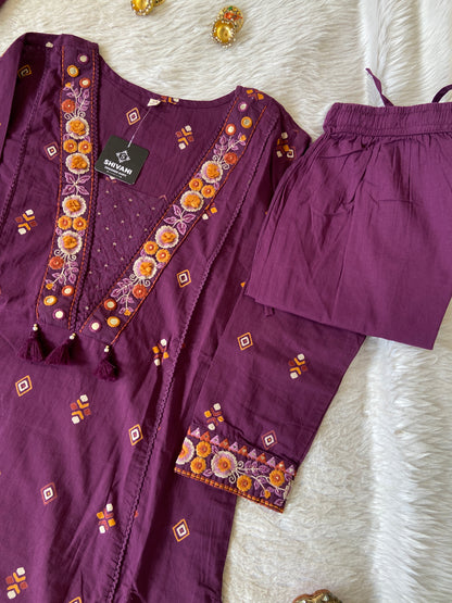 V-Neck Style, Embroidery Work Cotton Straight Cut Kurti With Pant And Dupatta. Cotton Suit Sets For Women Online India. Shop the Latest Festive Summer Collection at Shivani Designer Kurti.
