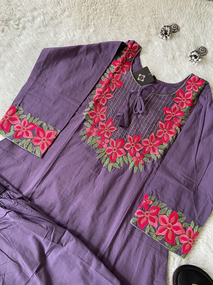 Embroidery Work Cotton Aline Kurti And Palazzo. Cotton Aline Kurti Sets For Women Online India. Shop the Latest Festive Summer Collection at Shivani Designer Kurti.