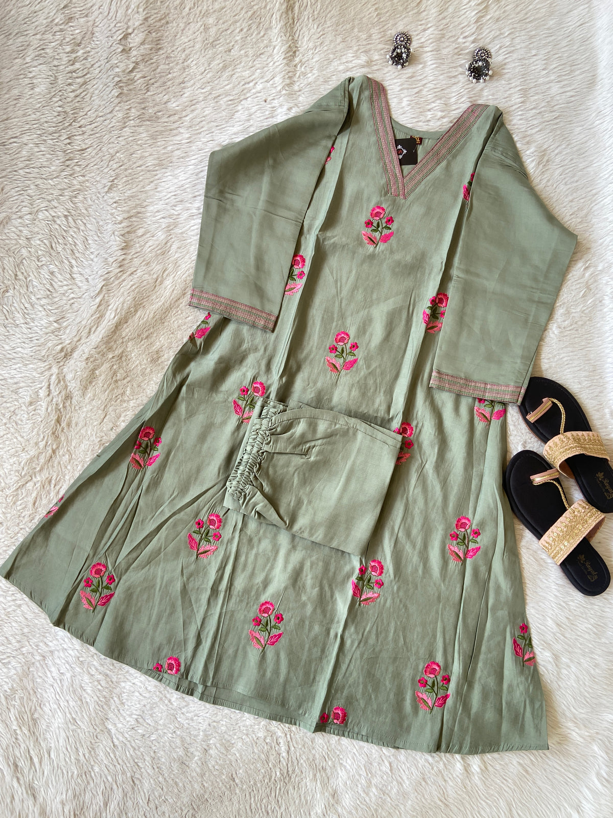 Embroidery Work Roman Silk Aline Kurti With Palazzo. Silk Kurti Sets For Women Online India. Shop the Latest Festive Summer Collection at Shivani Designer Kurti.