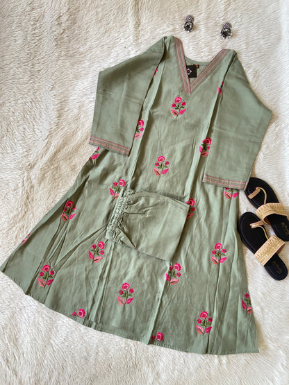 Embroidery Work Roman Silk Aline Kurti With Palazzo. Silk Kurti Sets For Women Online India. Shop the Latest Festive Summer Collection at Shivani Designer Kurti.