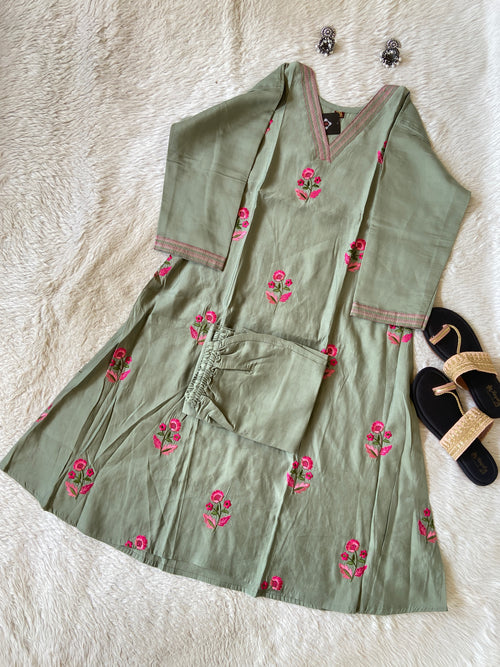 Embroidery Work Roman Silk Aline Kurti With Palazzo. Silk Kurti Sets For Women Online India. Shop the Latest Festive Summer Collection at Shivani Designer Kurti.