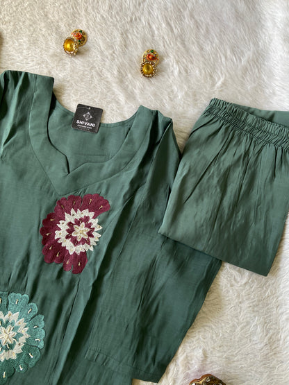 Beautiful Flower Embroidery Work In Aline Kurti With Semi Palazzo And Dupatta. Silk Suit Sets For Women Online India. Shop the Latest Festive Summer Collection at Shivani Designer Kurti.