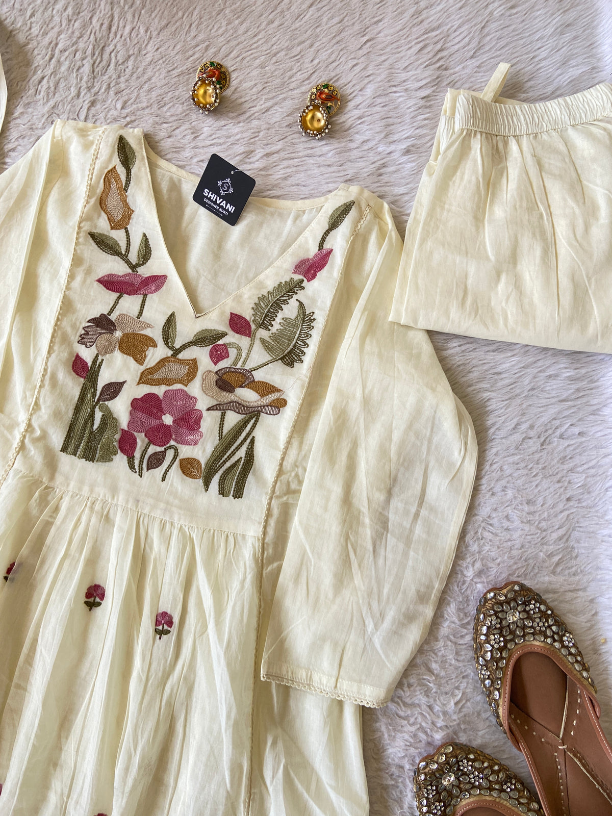 Flower Embroidery Work Cotton Aline Kurti, Pant And Dupatta. Cotton Suit Sets For Women Online India. Shop the Latest Festive Summer Collection at Shivani Designer Kurti.