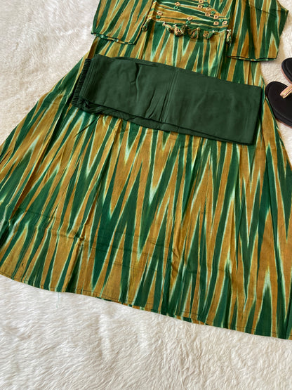 Ikkat Print Cotton Aline Kurti With Palazzo. Cotton Kurti Sets For Women Online India. Shop the Latest Festive Summer Collection at Shivani Designer Kurti.