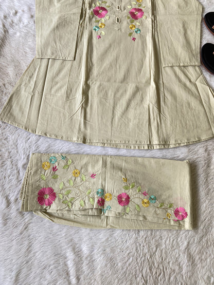 Beautiful Embroidery Work Cotton Co-ord Set With Palazzo. Cotton Co-ord Sets For Women Online India. Shop the Latest Festive Summer Collection at Shivani Designer Kurti.