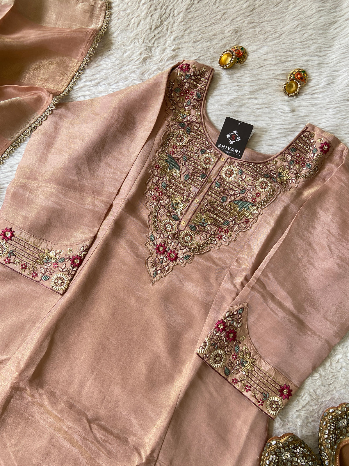 Premium Short Kurti Suit. Tissue Shimmer Short Kurti With Full Flair Palazzo And Dupatta. Silk Suit Sets For Women Online India. Shop the Latest Festive Summer Collection at Shivani Designer Kurti.