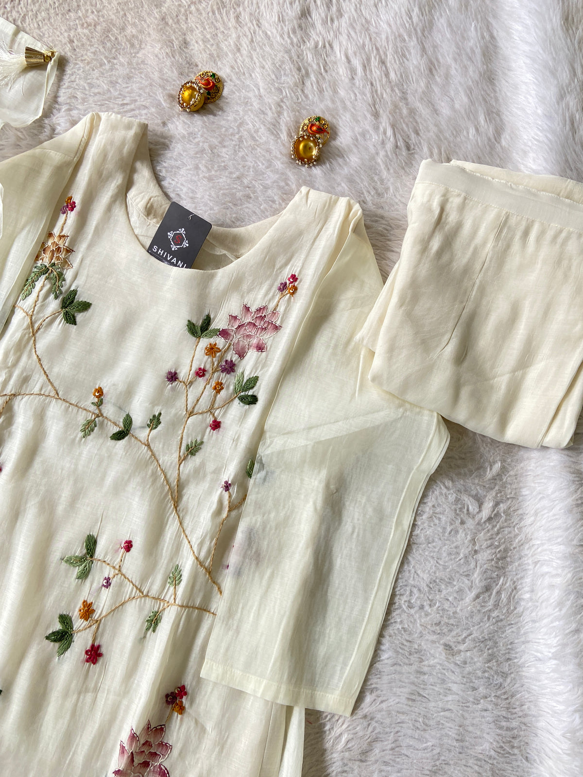 Hand Thread  Work Mul Chanderi Silk Aline Kurti (Lining Available) With Palazzo And Dupatta. Silk Suit Sets For Women Online India. Shop the Latest Festive Summer Collection at Shivani Designer Kurti.