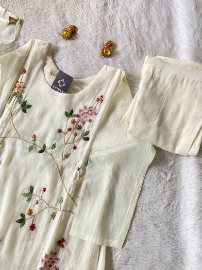 Hand Thread  Work Mul Chanderi Silk Aline Kurti (Lining Available) With Palazzo And Dupatta. Silk Suit Sets For Women Online India. Shop the Latest Festive Summer Collection at Shivani Designer Kurti.