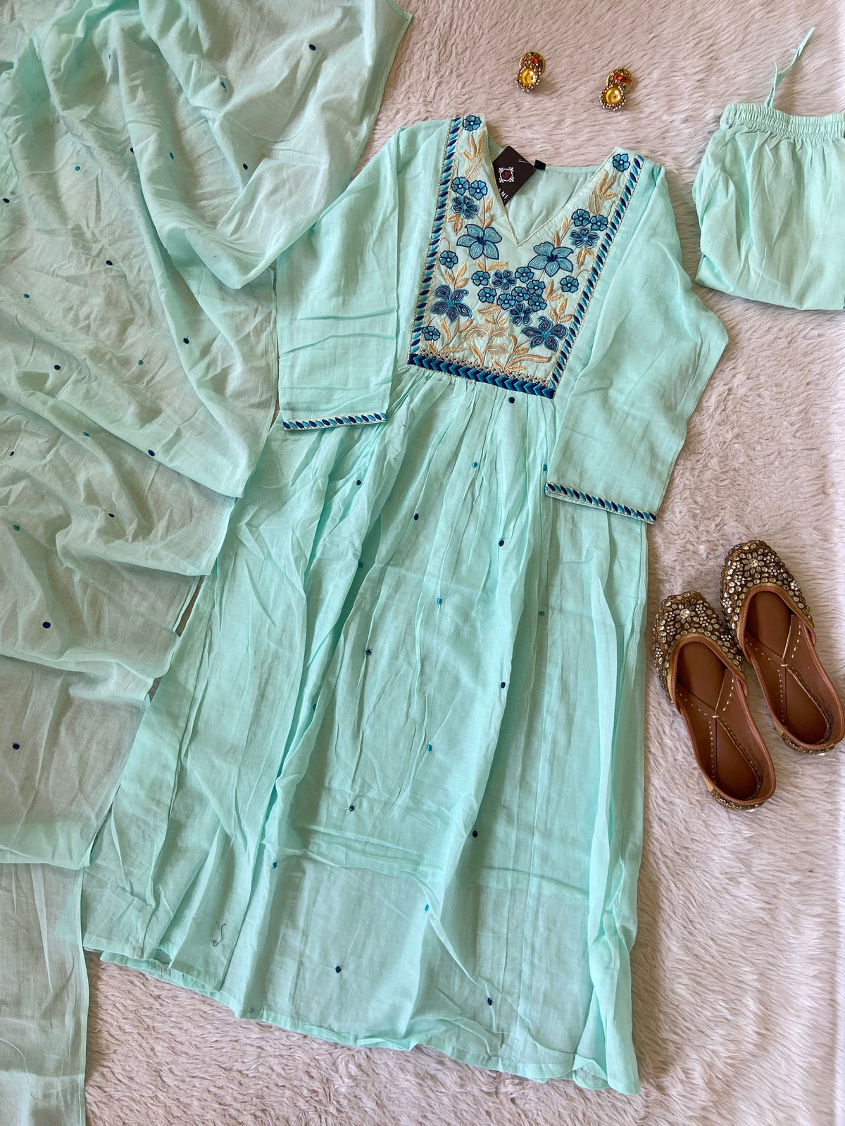 Flower Embroidery Work Cotton Aline Kurti, Pant And Dupatta. Cotton Suit Sets For Women Online India. Shop the Latest Festive Summer Collection at Shivani Designer Kurti.