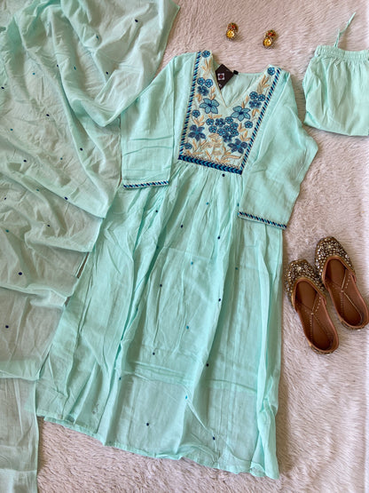 Flower Embroidery Work Cotton Aline Kurti, Pant And Dupatta. Cotton Suit Sets For Women Online India. Shop the Latest Festive Summer Collection at Shivani Designer Kurti.