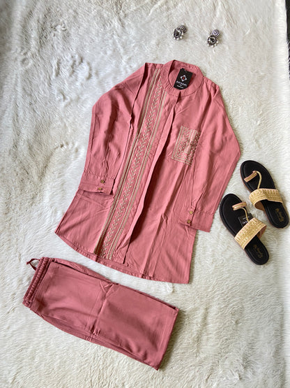 Beautiful Embroidery Work rayon Co-ord Set With Palazzo. Rayon Co-ord Sets For Women Online India. Shop the Latest Festive Summer Collection at Shivani Designer Kurti.