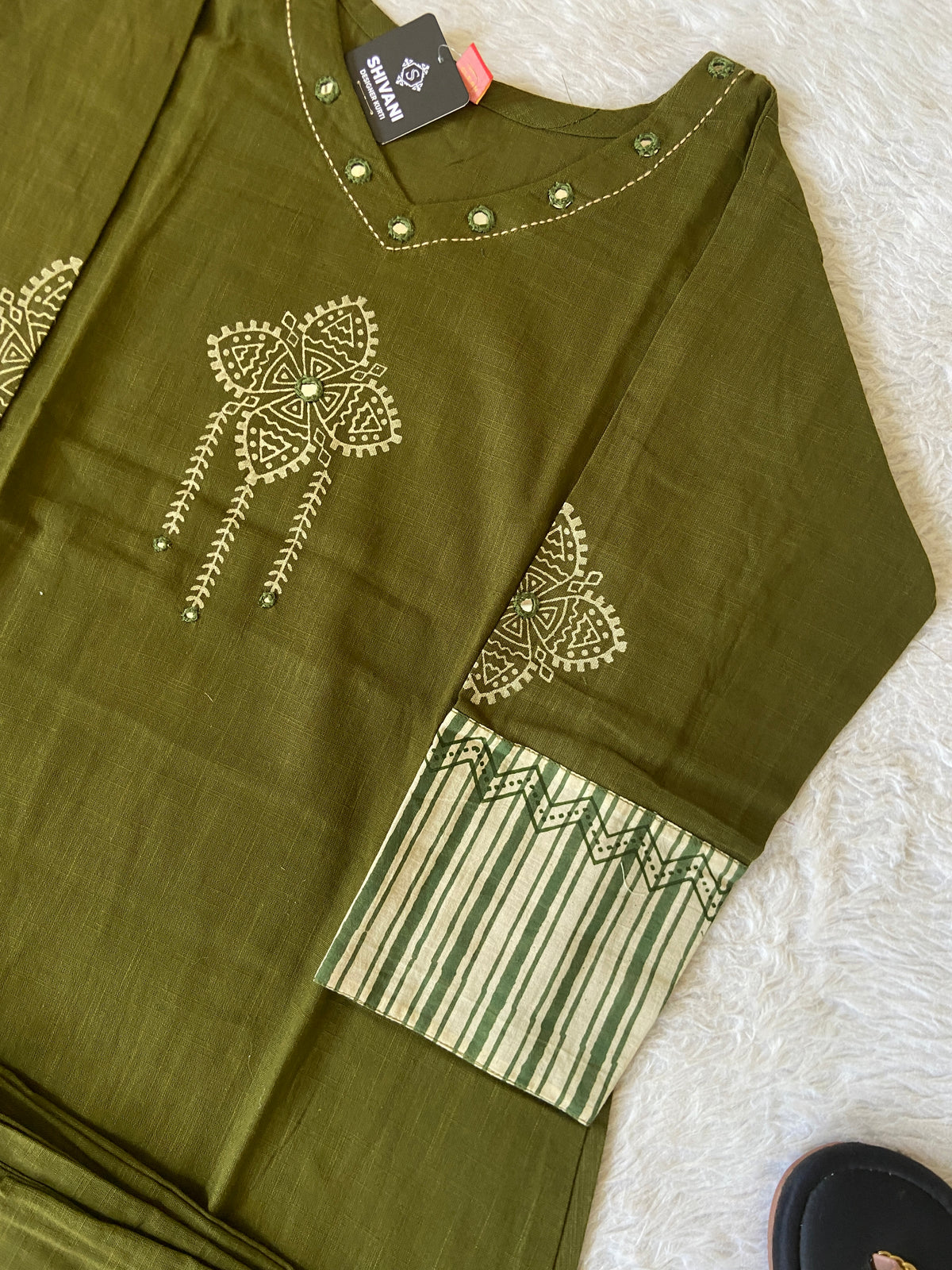 Mirror Work With Block Print Cotton Aline Kurti With Palazzo. Cotton Kurti Sets For Women Online India. Shop the Latest Festive Summer Collection at Shivani Designer Kurti.