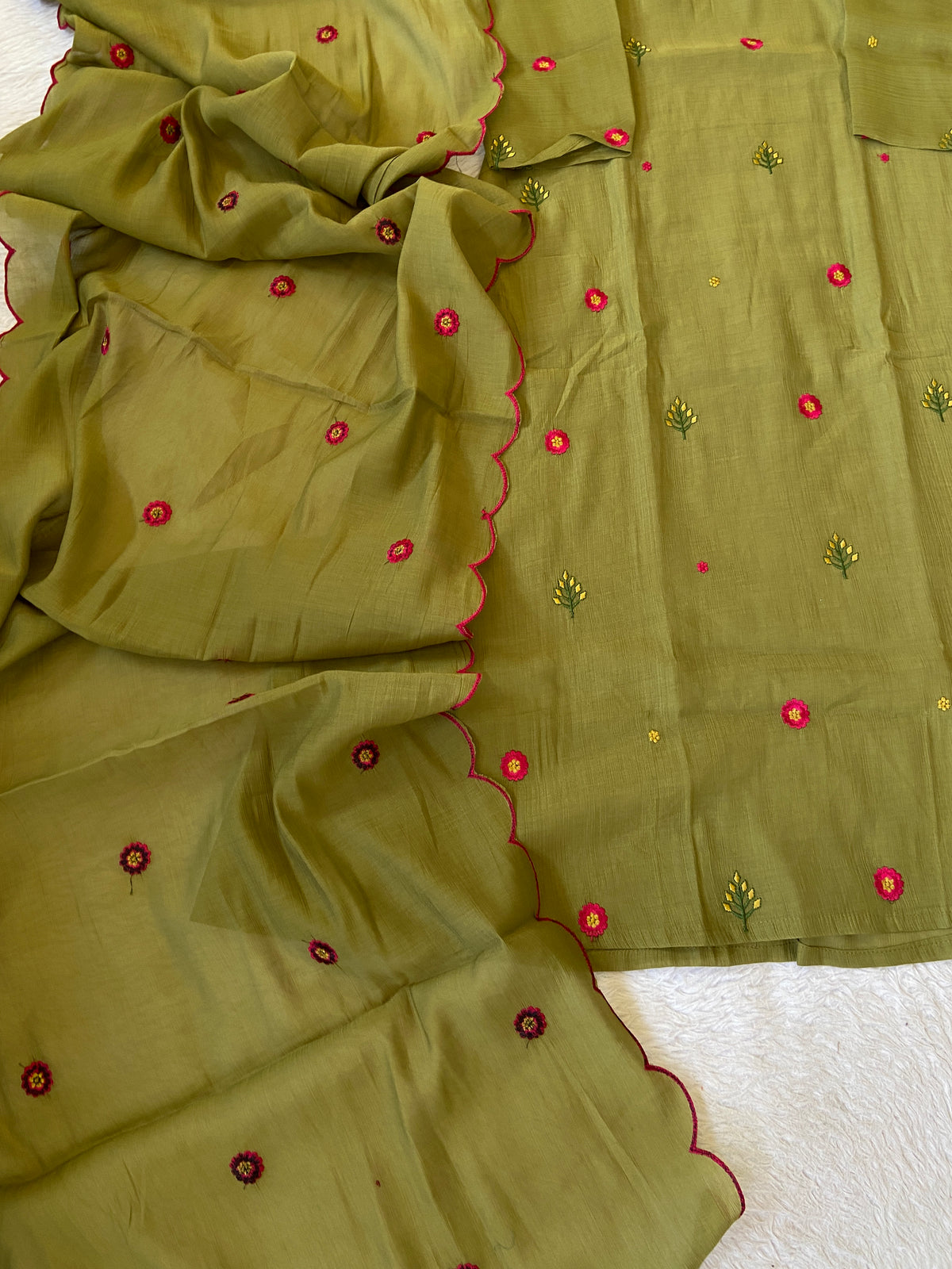 Flower Embroidery Work Coral Silk Aline Kurti With Palazzo And Dupatta. Silk Suit Sets For Women Online India. Shop the Latest Festive Summer Collection at Shivani Designer Kurti.