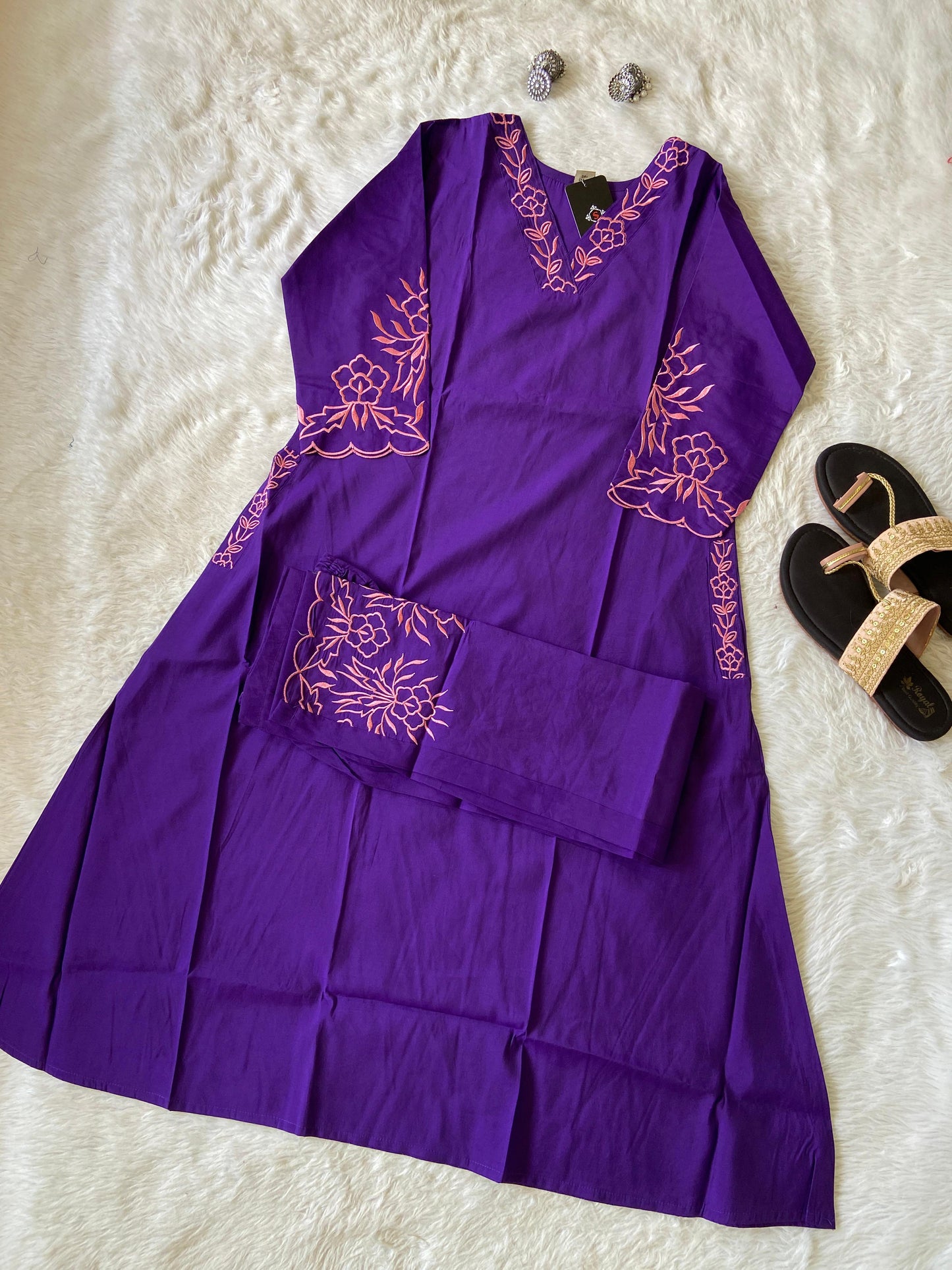 Embroidery Work In Sleeeve, Pocket And Palazzo. Silk Aline Kurti Sets For Women