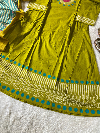 Block Print Cotton Aline Kurti, Palazzo And Printed Dupatta (Gamthi Suit). Cotton Suits Sets For Women Online India. Shop the Latest Festive Summer Collection at Shivani Designer Kurti.