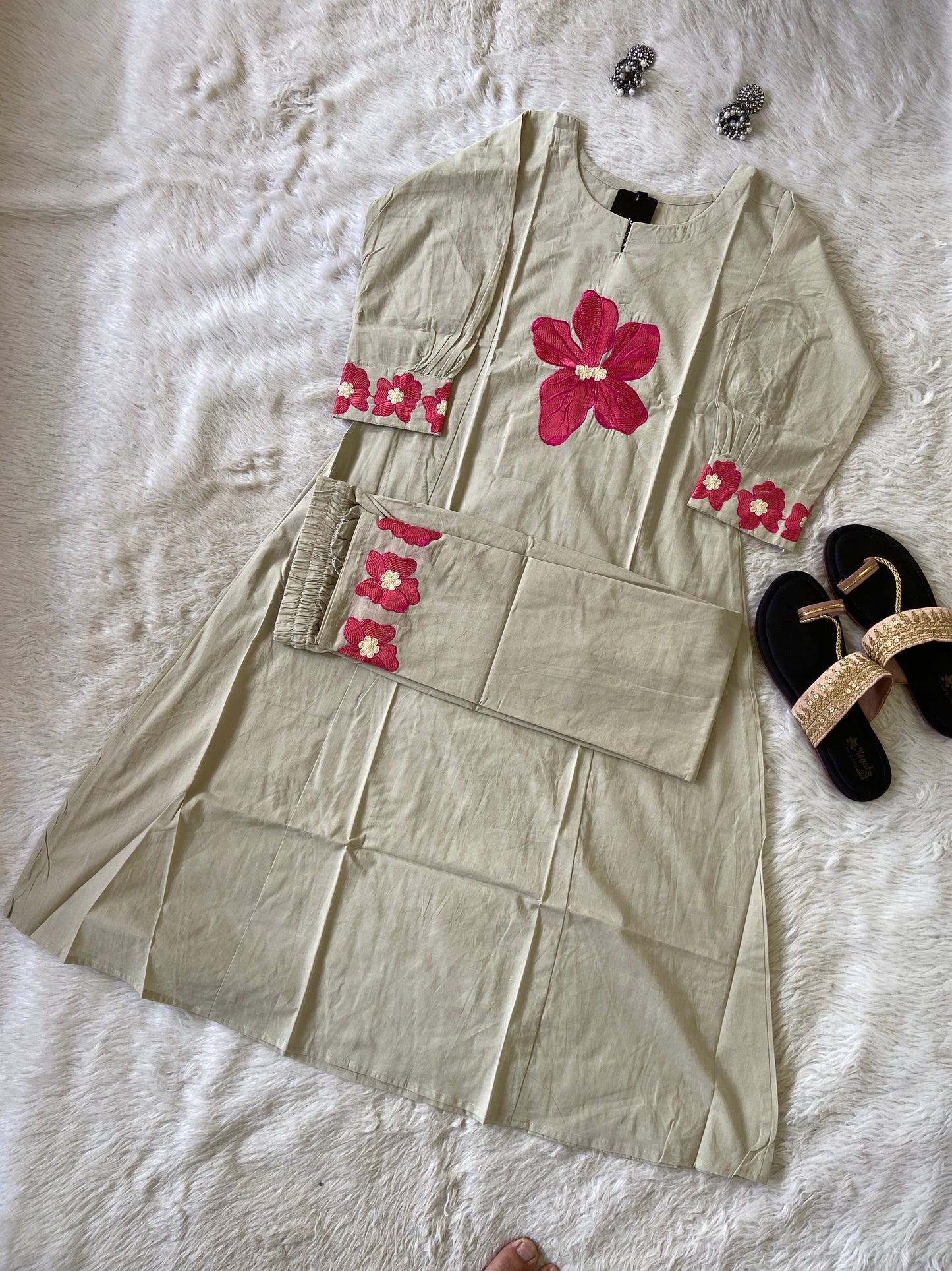 Flower Work In Sleeeve, Palazzo And Neck, Beautiful Aline Kurti With Plain Palazzo. Cotton Aline Kurti Sets For Women